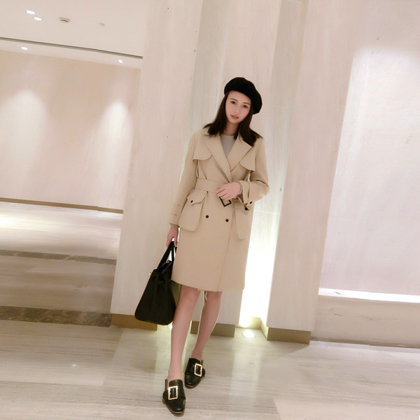 susu 2016秋冬新款女装外套ol气质米色宽松显瘦中长款双排扣风衣