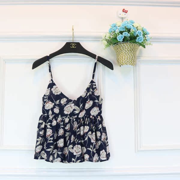 2016夏季新款韩版甜美雪纺碎花显瘦荷叶边裙摆V领小背心吊带女