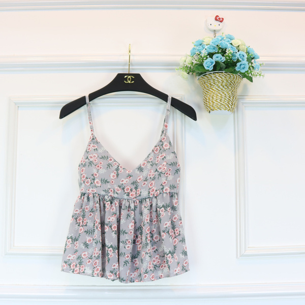 2016夏季新款韩版甜美雪纺碎花显瘦荷叶边裙摆V领小背心吊带女