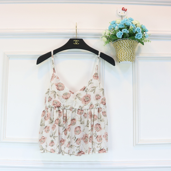 2016夏季新款韩版甜美雪纺碎花显瘦荷叶边裙摆V领小背心吊带女