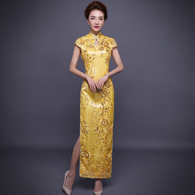 金黄色蕾丝亮片礼仪旗袍长款开衩中式礼服大码晚宴年会演出服批发