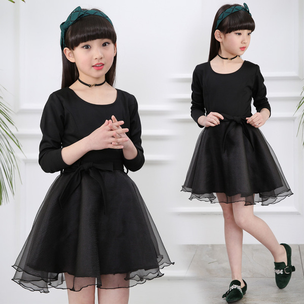 十岁女童春装2017新款连衣裙中大童长袖群子黑色纱裙小学生公主裙