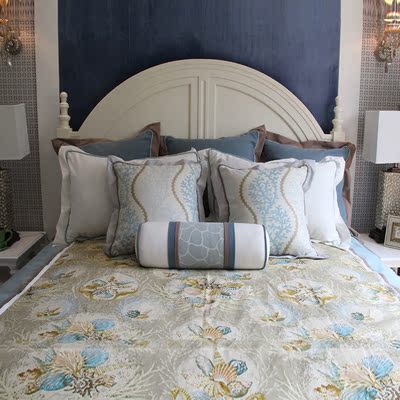 meigo布艺 现代地中海蓝色棉麻床上用品十件套样板房家居床品套件