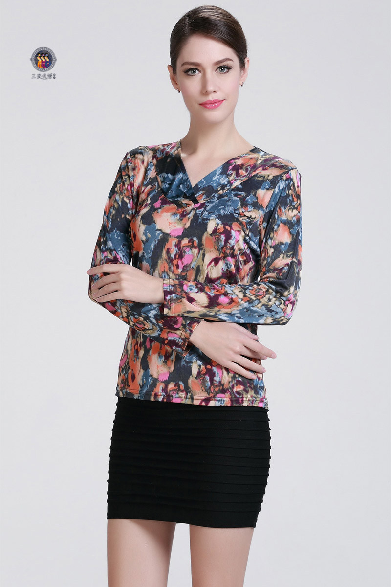 三变钱塘春秋大码女装桑蚕丝长袖v领t恤真丝针织基础打底衫女上衣