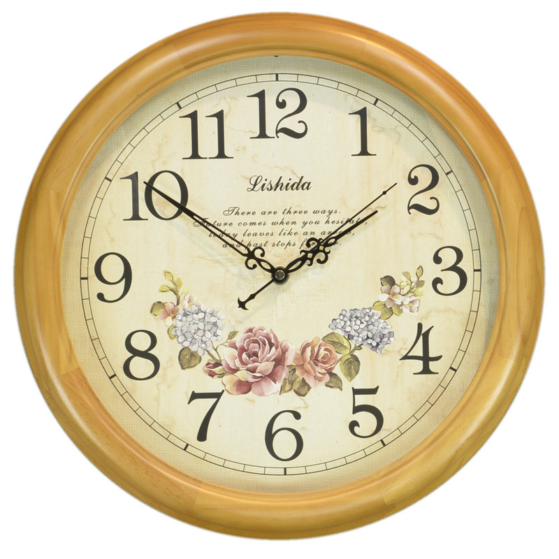 力时达实木欧式静音挂钟 客厅美式复古木质时钟时尚中式卧室挂表