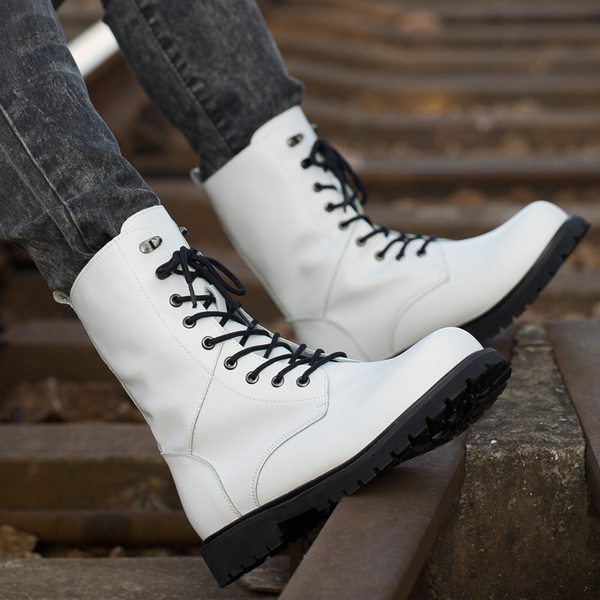 真皮45码白色男靴马丁靴高筒靴机车靴军靴增高男棉靴白色高帮皮鞋