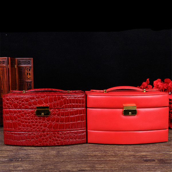 结婚首饰盒镜箱新娘陪嫁珠宝盒珠宝箱化妆箱收纳箱盒饰品盒红皮箱