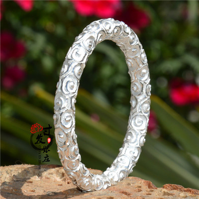 寸发银庄 丽江雪花银 祥云纯手工浮雕手镯 正品包邮s999情侣定制