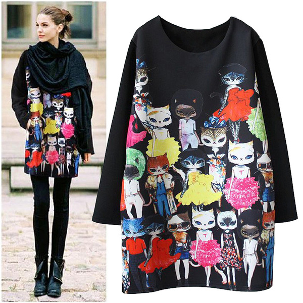 2016秋季新款大码女装韩版时尚数码印花猫小姐走秀图案连衣裙7031