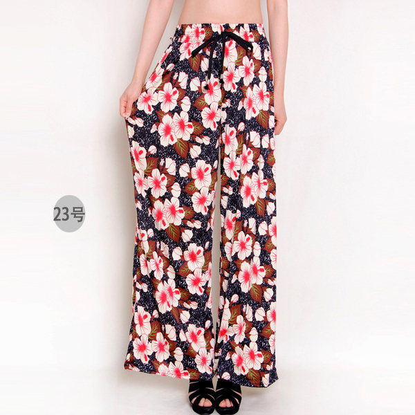 新款春秋夏季女裤加长加肥民族波西米亚花大码阔腿裤直筒裤休闲裤