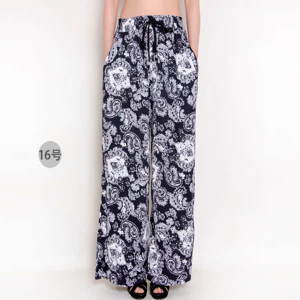 新款春秋夏季女裤加长加肥民族波西米亚花大码阔腿裤直筒裤休闲裤