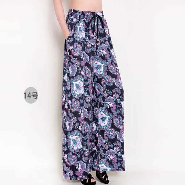 新款春秋夏季女裤加长加肥民族波西米亚花大码阔腿裤直筒裤休闲裤
