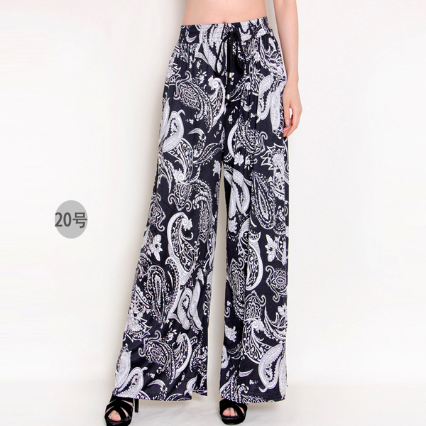 新款春秋夏季女裤加长加肥民族波西米亚花大码阔腿裤直筒裤休闲裤