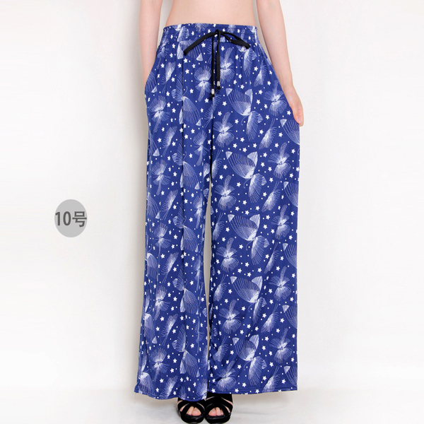 新款春秋夏季女裤加长加肥民族波西米亚花大码阔腿裤直筒裤休闲裤