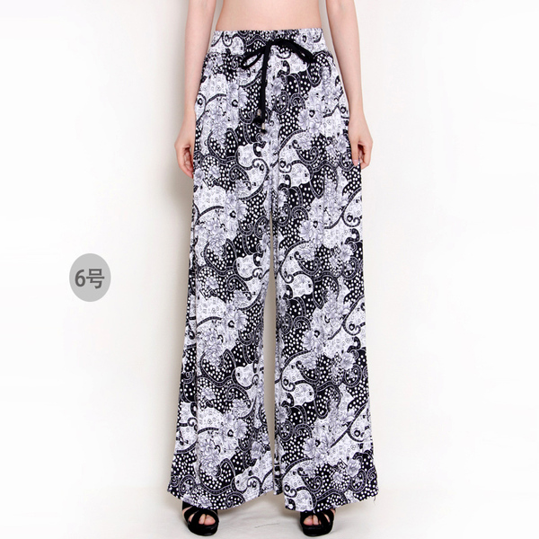 新款春秋夏季女裤加长加肥民族波西米亚花大码阔腿裤直筒裤休闲裤