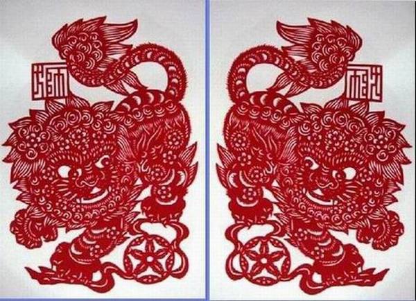 武强年画剪纸 狮子滚绣球(对) 手工剪纸 红色宣纸 每张25x33cm