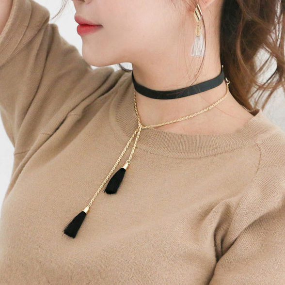 韩国新款个性皮革黑色流苏绕圈脖贴颈链颈带项圈锁骨链短款项链女