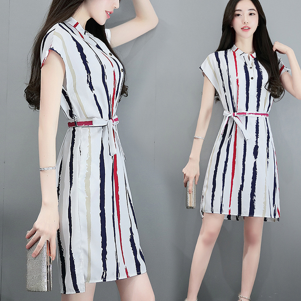 2017夏季新款韩版女装蝴蝶结系带修身短袖中长款条纹棉麻连衣裙女