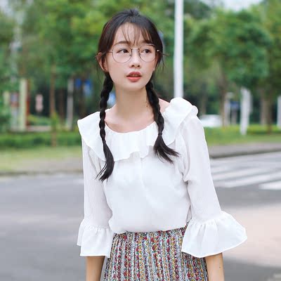2016夏新款韩国学生宽松纯色甜美套头五分喇叭袖雪纺衫衬衫上衣女