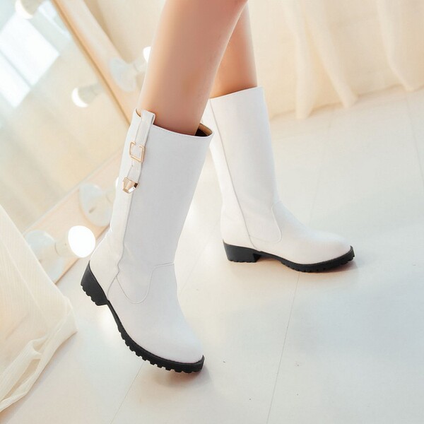 白色中筒靴休闲百搭时尚学生纯色平跟圆头可加厚毛单靴骑士靴子女