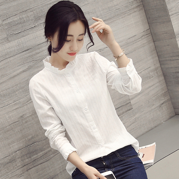 衬衣女秋冬韩范打底衫花边立领修身加绒加厚长袖纯棉显瘦白衬衫潮