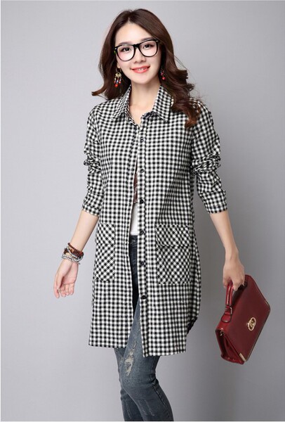 2016春秋装中长款长袖衬衣裙民族风棉麻格子衬衫女百搭上衣开衫潮