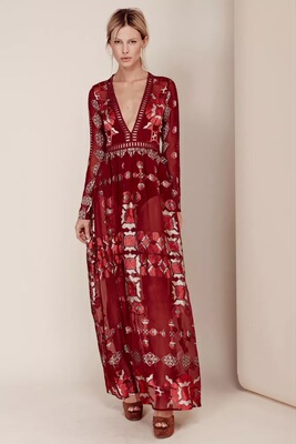 欧美潮牌forlovele*on性感v领吉普赛风情连衣裙夏高腰显瘦长裙女