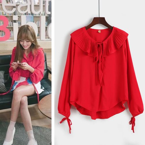 郑秀妍同款红色衬衫 2017春季jessica机场长袖泡泡娃娃宽松上衣女
