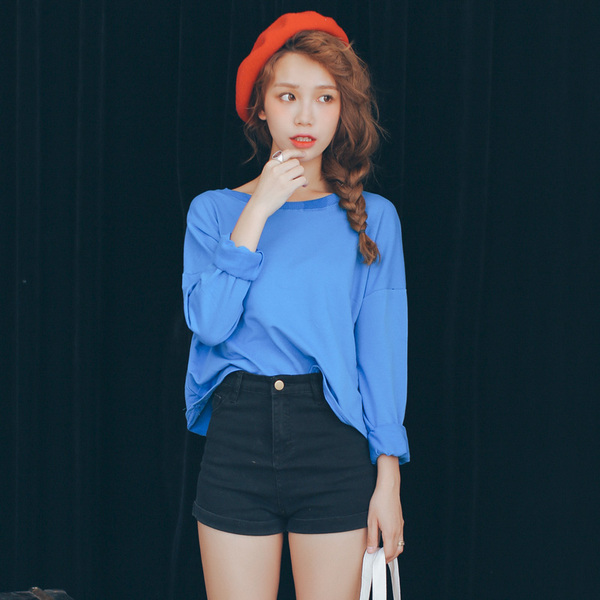 2016秋季新款韩版短款长袖打底衫上衣清新宽松纯棉纯色学生t恤女
