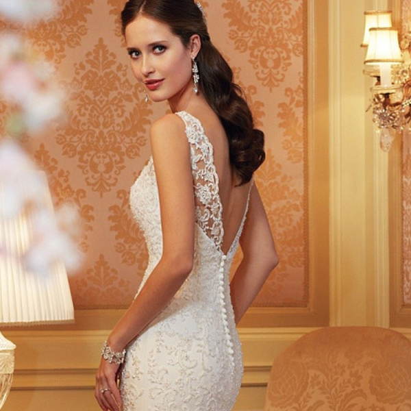 性感一字肩蕾丝露背鱼尾小拖尾韩式新娘婚纱礼服2016新款定制2196
