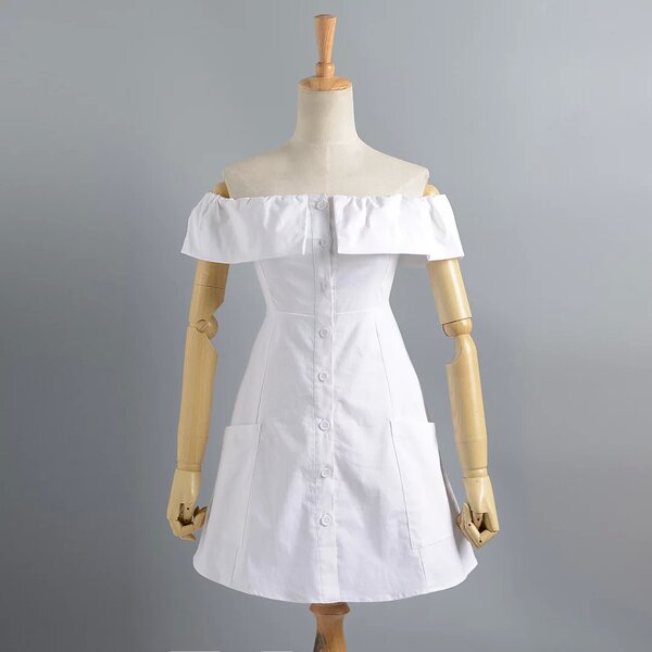 欧美单 晚晚同款性感修身双口袋前排扣一字肩荷叶边连衣裙短裙