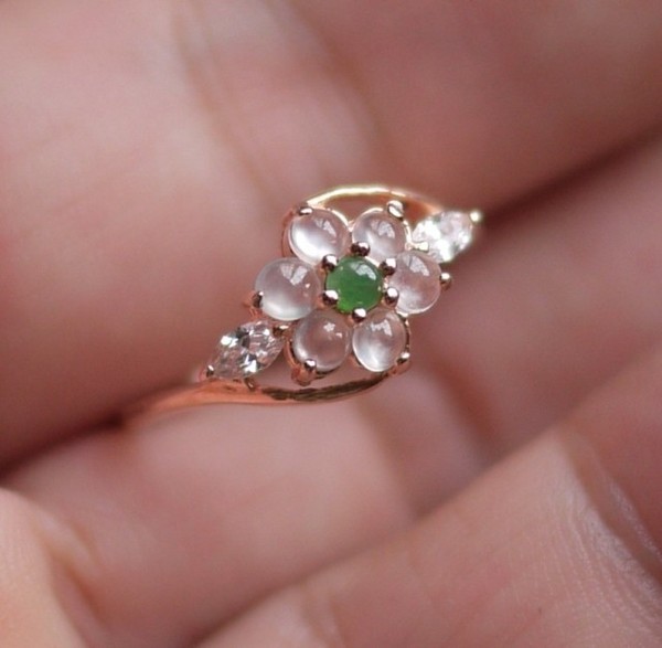 925银镀金群镶翡翠a货(缅甸玉)梅花冰玻蛋面戒指指环翡翠