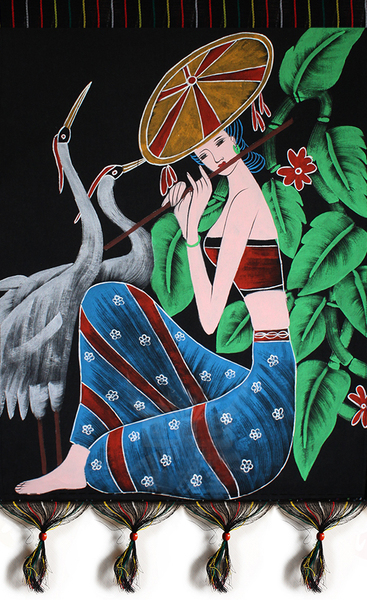 蜡染重彩画 少数民族特色 手工布艺画 图案多 蜡染壁挂画/仙鹤女