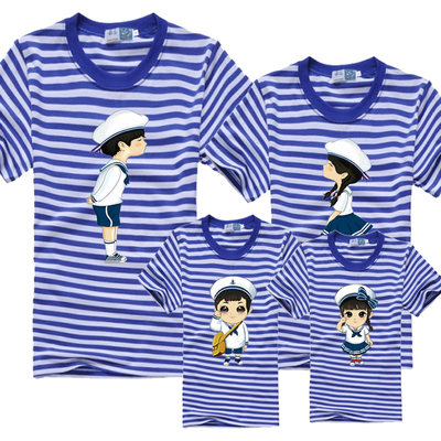 包邮2016款沙滩亲子装夏装全家装一家三口四口短袖t恤条纹衫海军