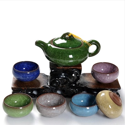 标题优化:热销推荐景德镇陶瓷器7头冰裂釉功夫茶具套装冰裂纹茶杯紫砂茶壶