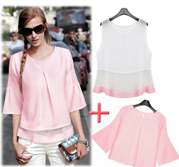 2016欧洲站气质可爱褶皱七分袖娃娃装上衣背心两件套粉色打底衫潮