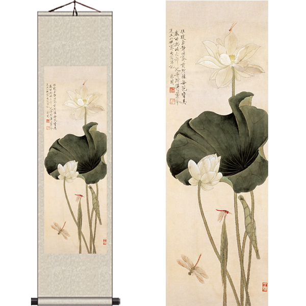 荷花国画客厅装饰画卷轴画走廊过道挂画玄关风水画30x130已装裱