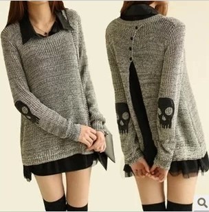 Spot Korean flower line sweater embroidered skull hit color loose piece long sweater
