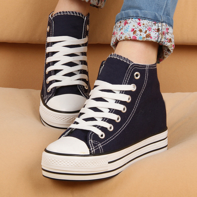 黑色松糕高帮帆布鞋女士秋季韩版潮鞋学生厚底板鞋女款休闲女鞋子