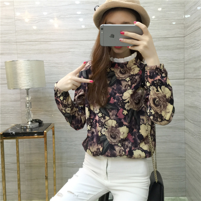 Long-sleeved t -shirt bottoming shirt female autumn and winter 2015 Korean round neck T-shirt printing loose plus thick velvet warm Women