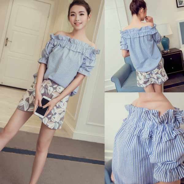 2016夏装新款韩版 性感一字肩条纹雪纺蕾丝衫上衣女潮