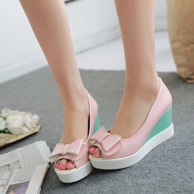 2016春夏天新款甜美蝴蝶结高跟鞋坡跟鱼嘴女凉鞋子百搭梭跟女鞋潮