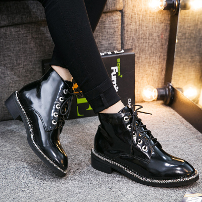 秋冬新品sandro英伦马丁靴骑士靴黑色真皮系带粗跟链条漆皮短靴女