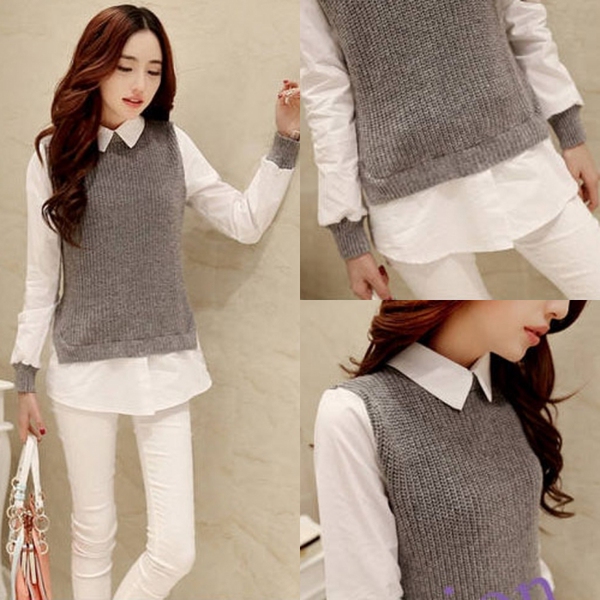 套头毛衣女秋冬韩版宽松学院风加厚上衣T恤打底衫假两件针织衫潮