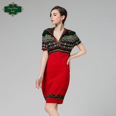 邓皓2015夏季新款短袖连衣裙女修身显瘦针织提花复古女装中长裙子