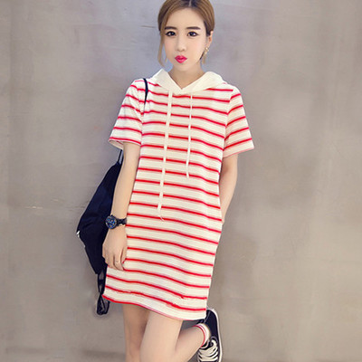 2017新款大码宽松显瘦连帽短袖T恤裙条纹中长款T恤衫女