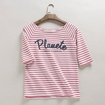 春夏新款细条纹t恤女日系清新四分袖细毛圈字母印花外贸原单上衣