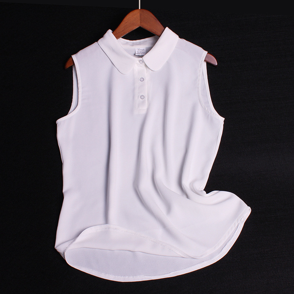 韩版百搭圆领尖领纯黑白色半开衫春夏无袖雪纺衫翻领衬衣背心职业