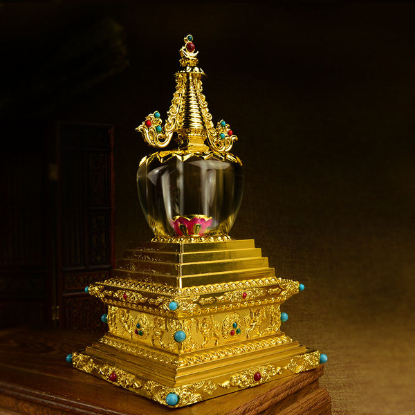 特价藏传佛教用品 精品鎏金水晶舍利塔 佛塔 菩提塔 舍利子高22cm