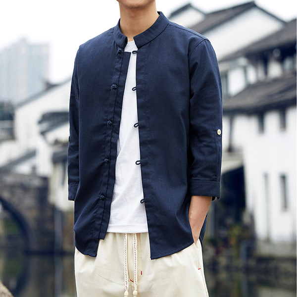 春季中国风复古盘扣亚麻长袖衬衣男士大码青年中式棉麻衬衫上衣服